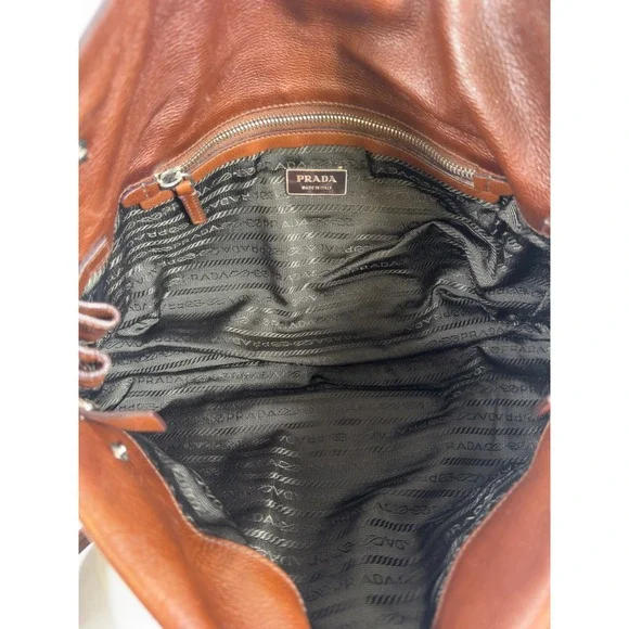 Prada Sacca Bufalo Easy Bag Womens Tabacco Brown Leather BR2613 Shoulder Strap - Picture 7 of 14